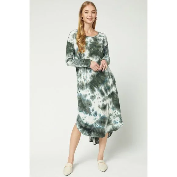 Entro Tie Dye Ribbed Pocket Midi Dress, Olive - Picture 2 of 6